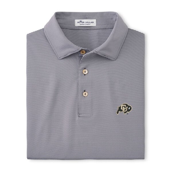 A black and white striped collared polo with a c-u buffalo logo on the left chest.